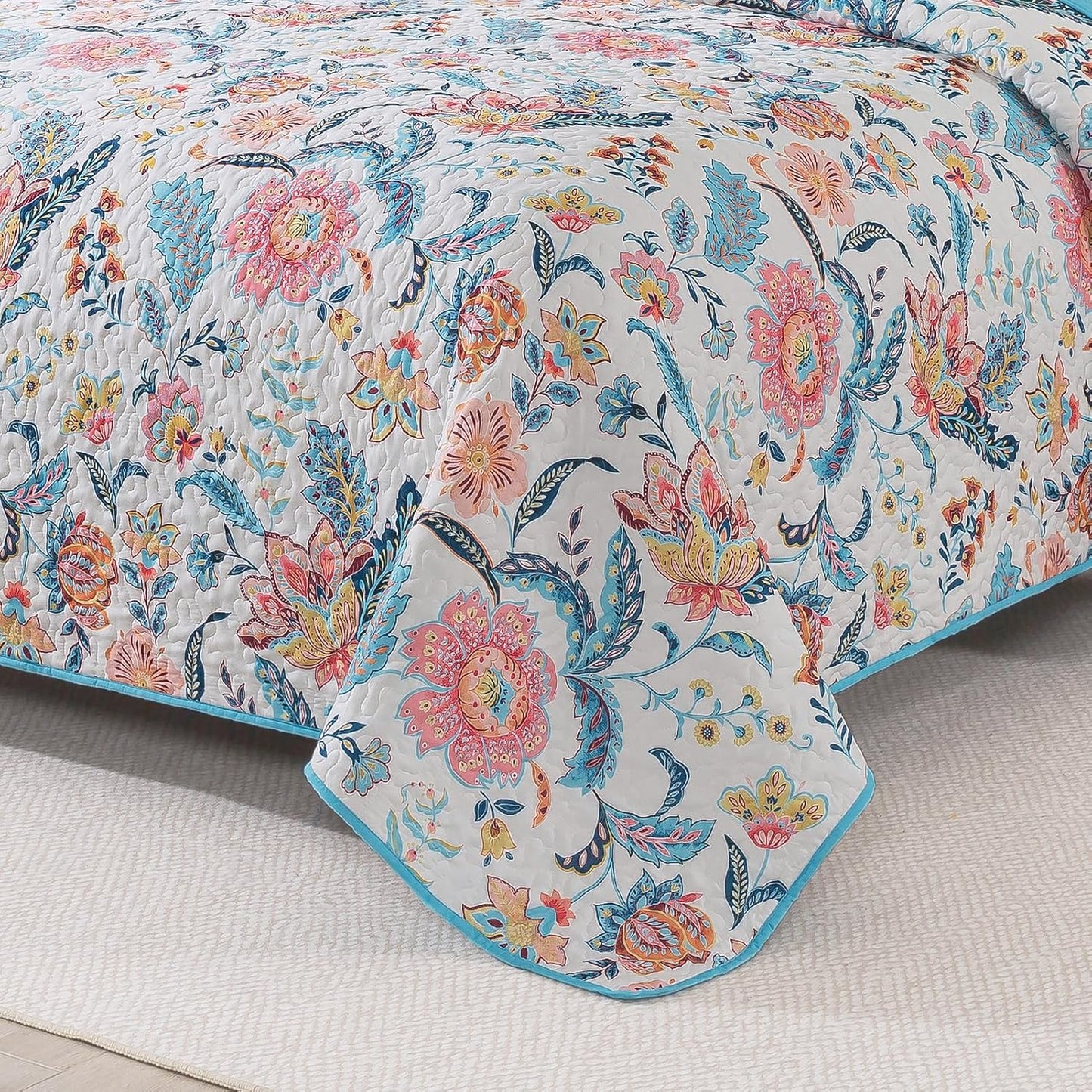 BEDIFANY Garden Cotton Filling Queen Size Quilt Set - Lightweight Bedspreads Queen Size (90 x 98 inch) with Colorful Floral Pattern - Farmhouse Queen Quilt Bedding Sets for Bed Coverlet, 3 Pieces
