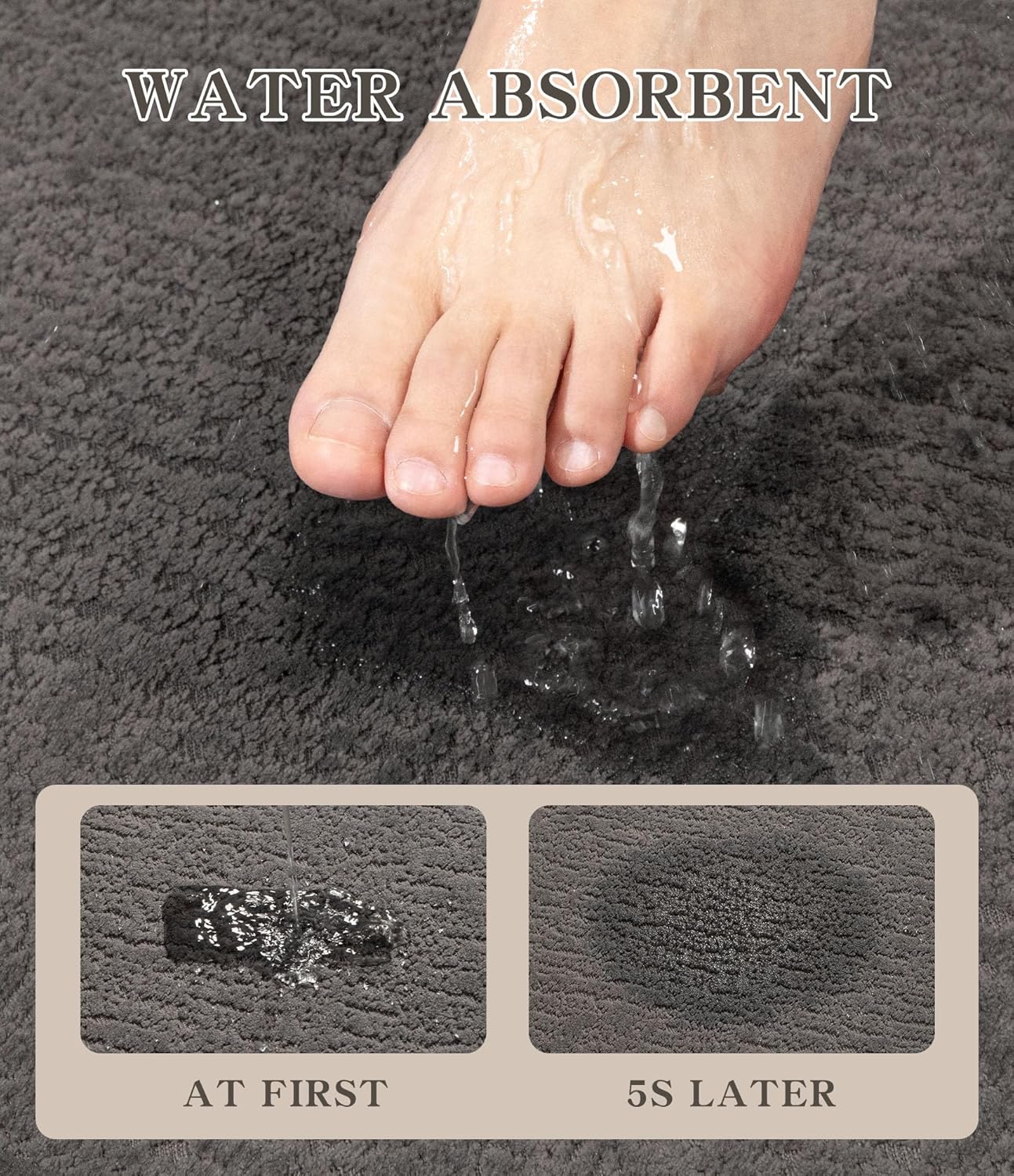 chakme Bathroom Rug Sets 5 Piece, Ultra Thin Bath Mat Quick Dry, Absorbent, Non Slip, Machine Washable, Dark Grey, 5 Piece