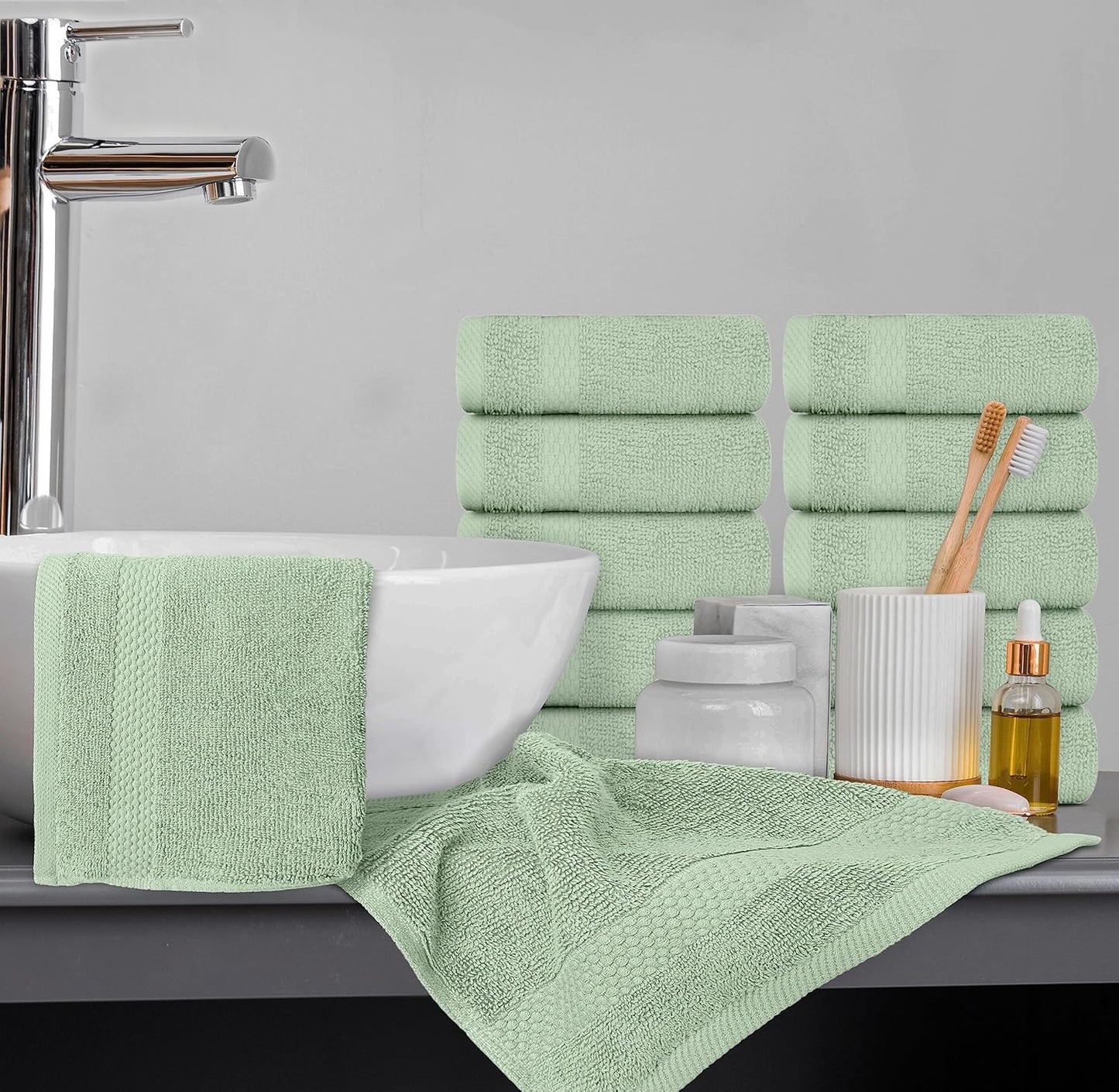 White Classic Luxury Cotton Washcloths 13x13 Inch - 650 GSM Turkish Cotton | Hotel, Spa, Bathroom Face Towel | 12 Pack, Light Green