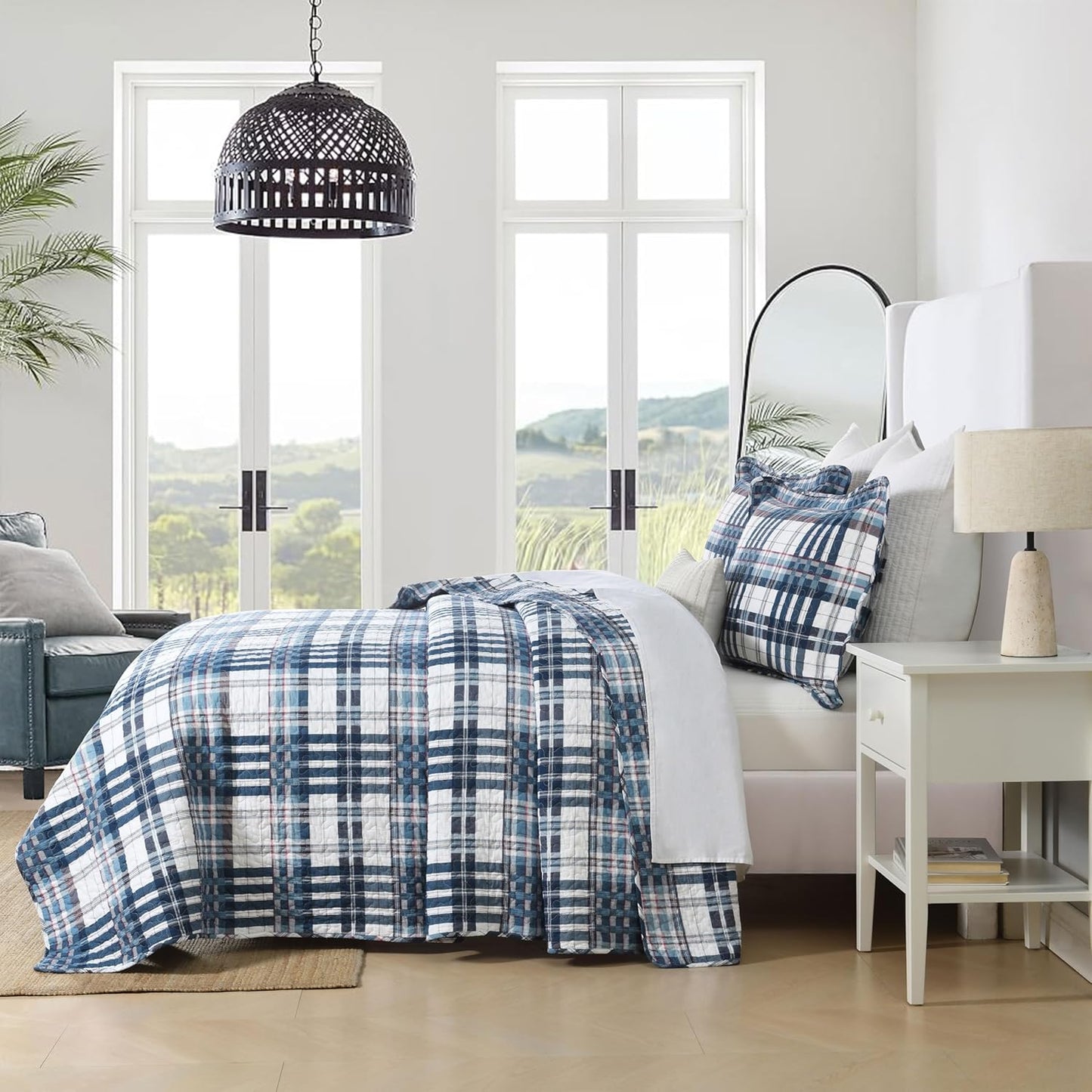 Quilts Queen Size, Cotton Queen Size Comforter Set, Blue White Striped Bedding Sets, Plaid Queen Bedspread,Striped Bed Set Lightweight Reversible All Season 3 Piece