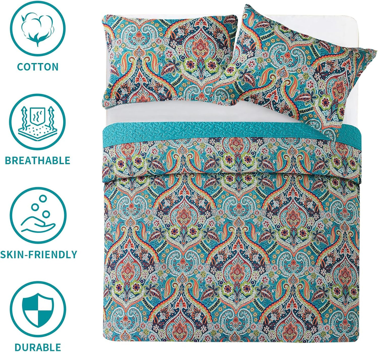 BEDIFANY Cotton Oversized King Size Quilt - Lightweight King Size Quilt Bedding Set for a Comfortable Sleep - Reversible Coverlet (108 * 118 in) with Boho Pattern, 3 Pieces