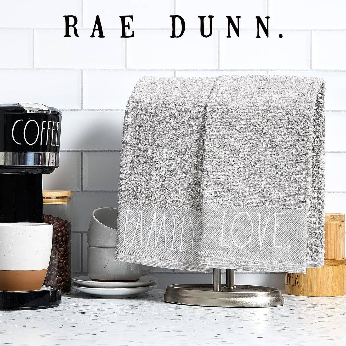 Rae Dunn Hand Towels, Embroidered Decorative Hand Towel for Kitchen and Bathroom, 100% Cotton, Gray- Family/Love, 16"x 26"