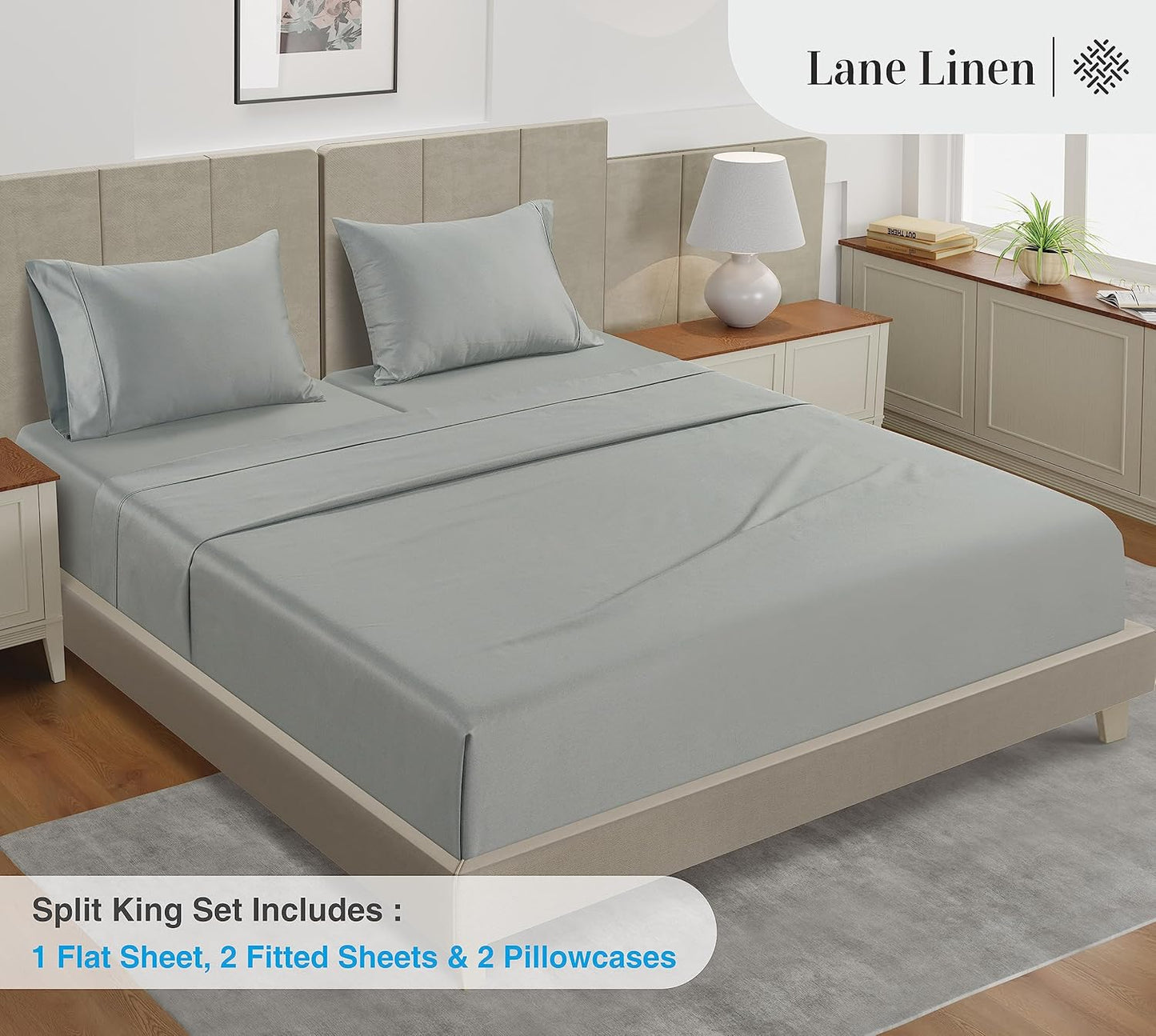 LANE LINEN Split King Sheet Set – 450 Thread Count 100% Cotton Cooling Sheets, Soft & Breathable Sateen Weave, 15” Deep Pocket Fully Elasticized Fitted Sheet, Machine Washable, Moonstruck