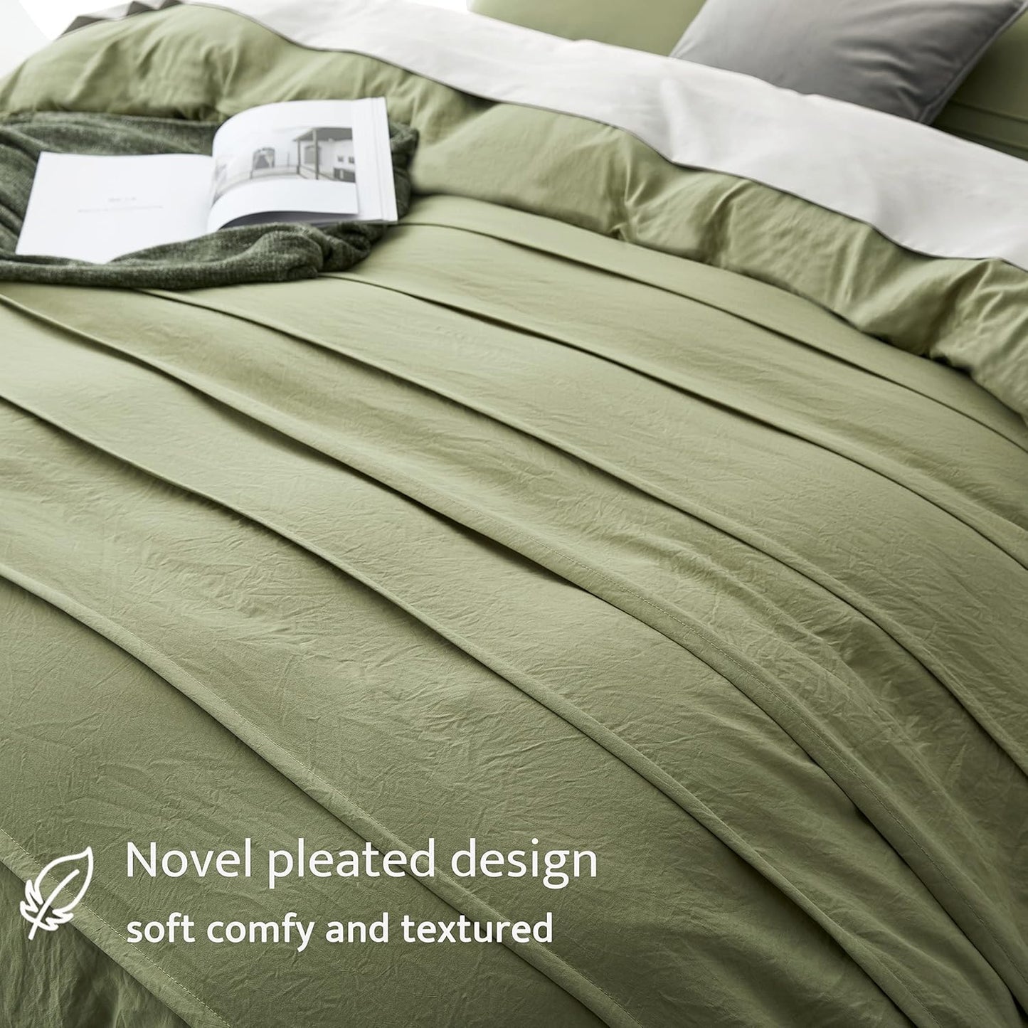 Oli Anderson Sage Green Duvet Cover King Size - Pleated King Duvet Cover, 3PCS Soft and Breathable Textured Bedding Set with Zipper Closure(Sage Green,104"x90")