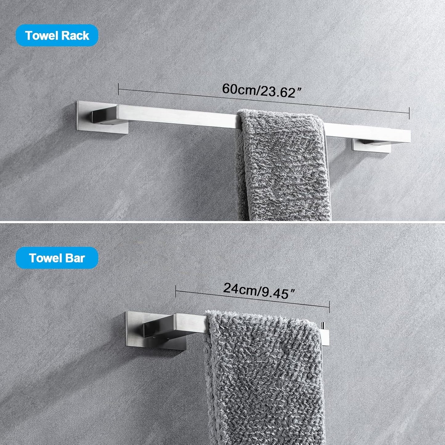 4-Pieces Bathroom Hardware Accessories Set, Towel Rack Towel Bar Toilet Paper Holder Towel Hook Self Adhesive Stainless Steel Towel Rack Set for Bathroom Wall Mounted, Brushed Nickel, 23 Inch