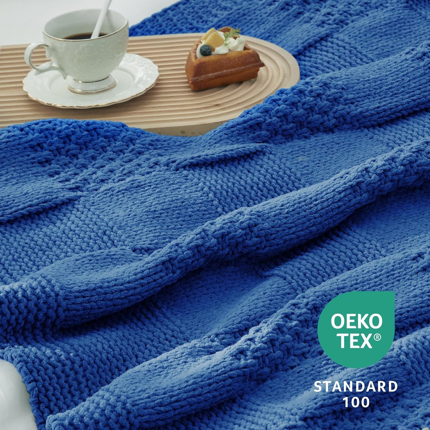 Amélie Home Checkered Chenille Knit Throw Blanket for Couch, Classic Texture Decorative Soft Blanket for Sofa, Chair & Bedroom, 50"x60", Blue