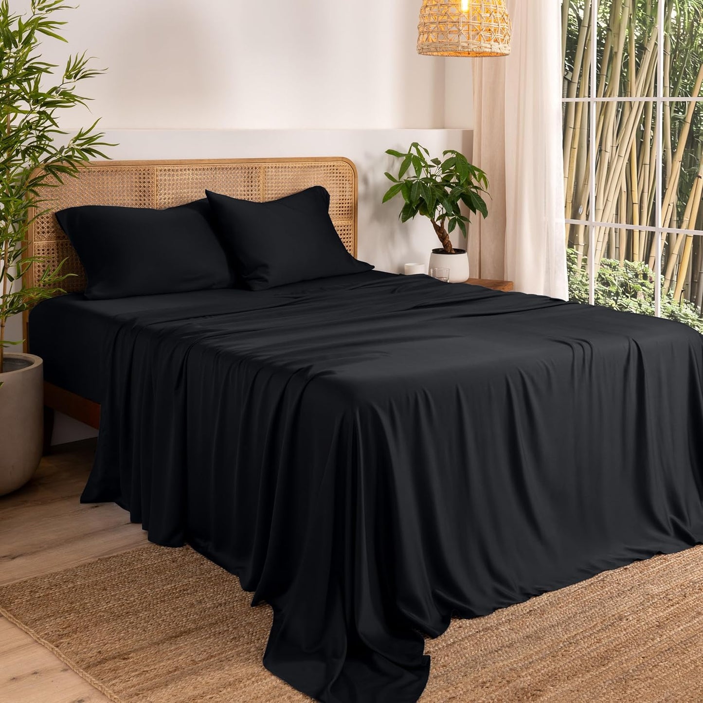 Bare Home 100% Rayon Made from Bamboo Luxury Queen Sheet Set - 4 Piece Bedding Set - Deep Pockets - Cooling Sheets - Breathable - Easy Fit - Soft Bedding Sheets & Pillowcases (Queen, Black)