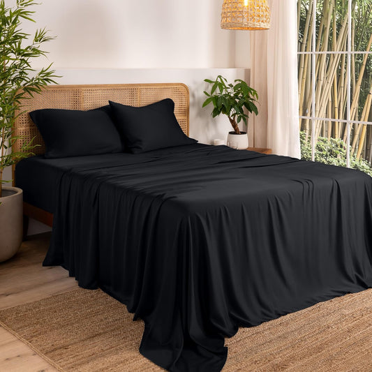 Bare Home 100% Rayon Made from Bamboo Luxury Queen Sheet Set - 4 Piece Bedding Set - Deep Pockets - Cooling Sheets - Breathable - Easy Fit - Soft Bedding Sheets & Pillowcases (Queen, Black)