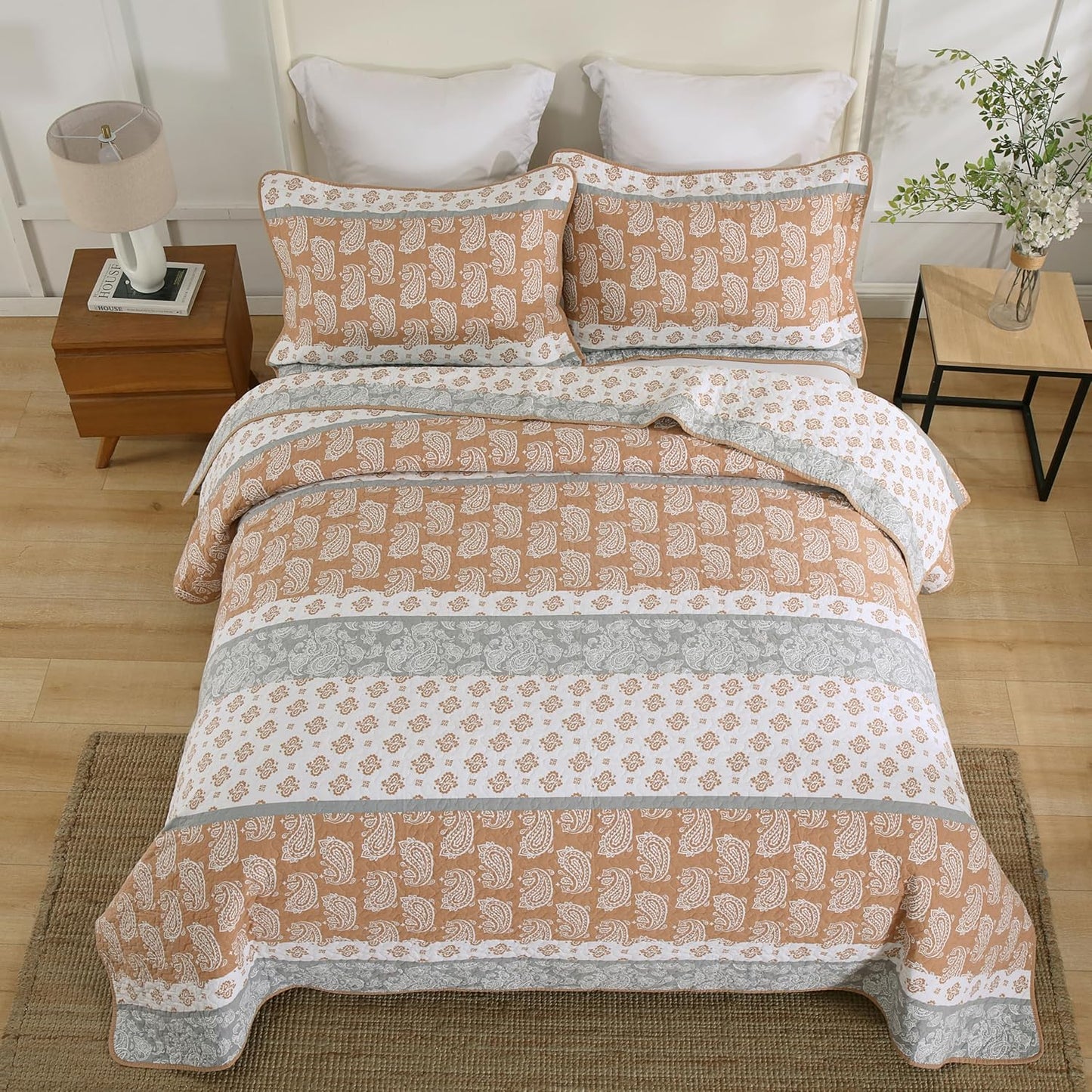 Terracotta Comforter Set, Cotton Quilt King Size, Orange Gray Quilt Set Bedding Set, Soft Striped Bedspread Set King All Season 3 Piece