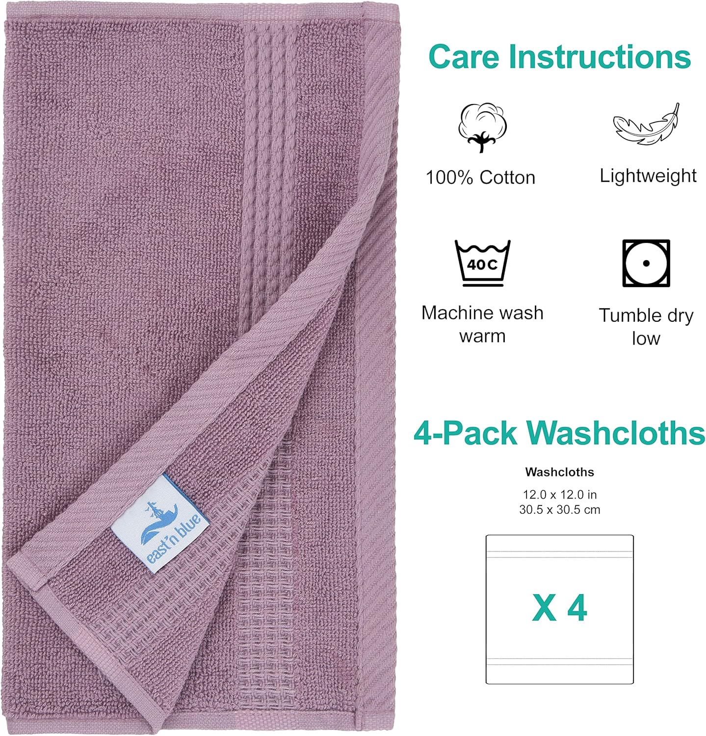 EastNBlue Lara 100% Turkish Cotton Washcloths 4 Pack, Extra Soft & Absorbent Wash Cloths for Face & Body (12" x 12"), Terry Cloth, Small Hand Towels for Bathroom, Damson (Purple)