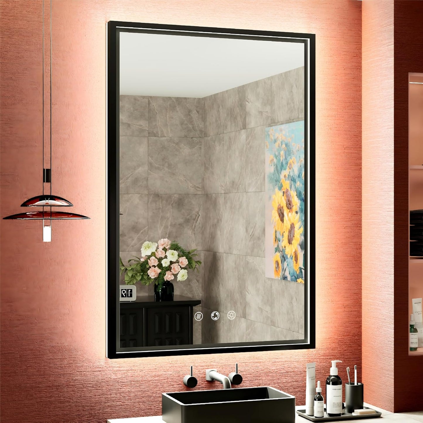LED Bathroom Mirror with Front and Back Lighting, 3 Color Temp, Dimmable, Anti-Fog, Black Aluminum Frame Wall Mounted Lighted Bathroom Vanity Mirror