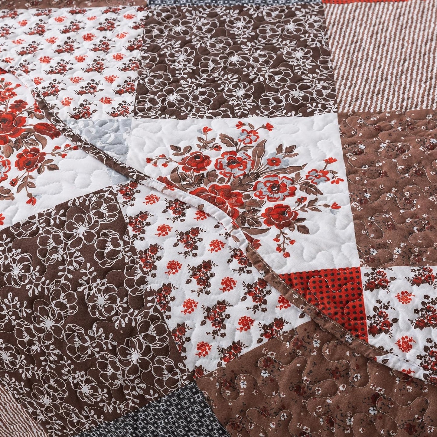 HoneiLife Quilt Set Queen Size - 3 Piece Microfiber Bedspread Reversible Coverlet Patchwork Bedding Set Lightweight Bedcover Floral Bedspreads All Season Quilts-Amaranth Red