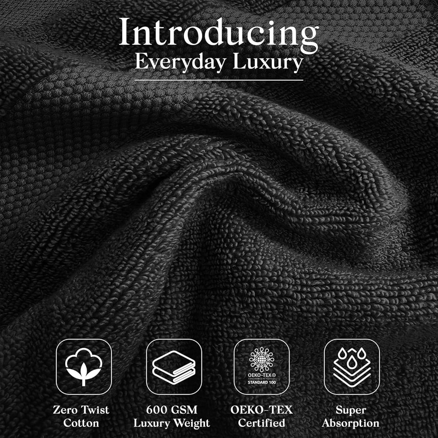 Premium Staple Cotton Bathroom Towel Set - Black 600 GSM 6-Piece Luxury Bath Towel Set 1 Stripe - 2 Bath Towels, 2 Hand Towels & 2 Washclothes Set - High Absorbent & Quick Dry for Gym, Spa, Hotel