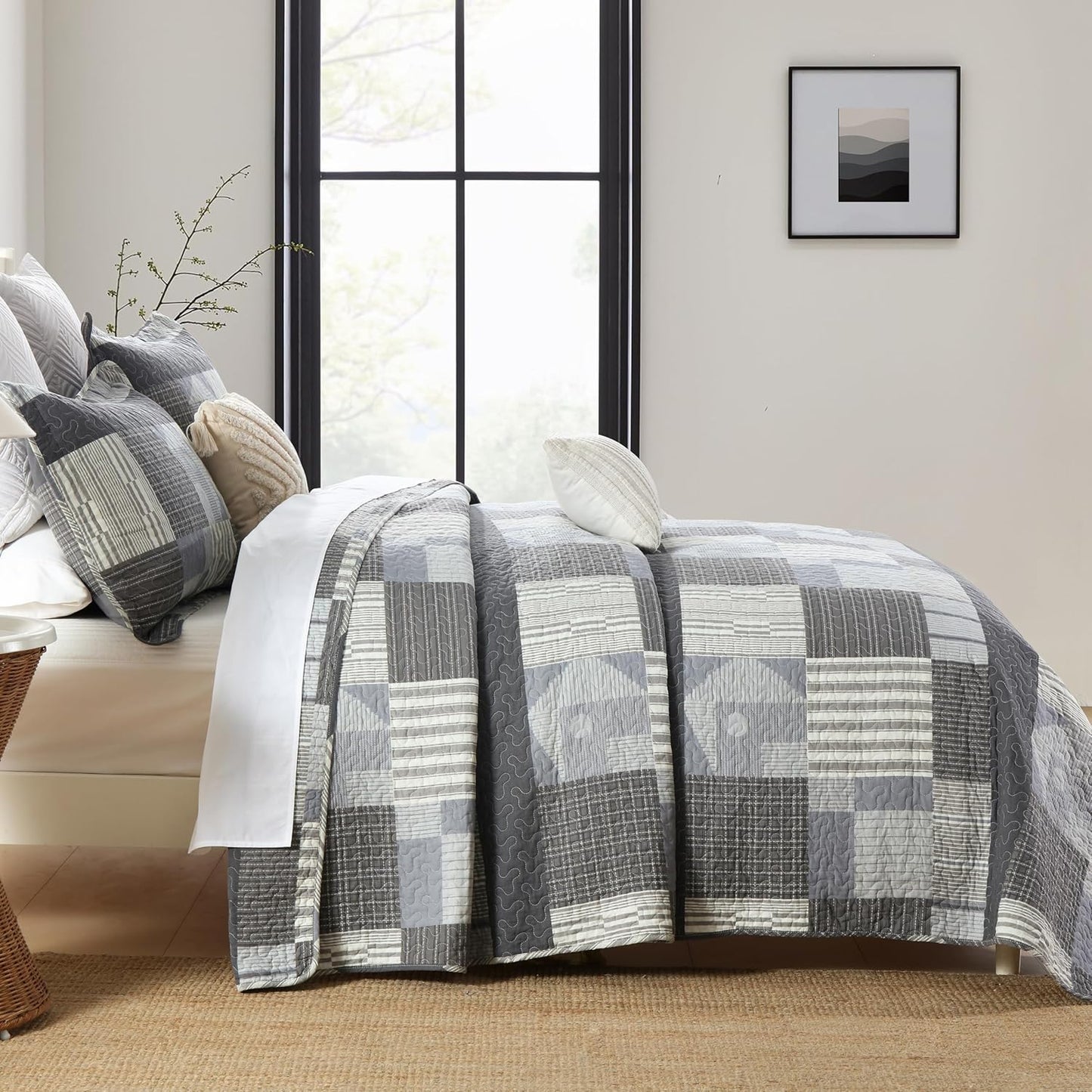 Homzard Grey Comforter Set,Cotton Plaid Striped Quilts Queen Size for The Bed,Reversible Geometric Queen Size Bedspread with 2 Pillow Shams,Lightweight 3 Piece Bedding All Season