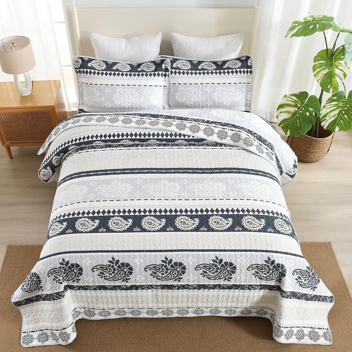Cotton Comforter Set, Blue Quilts Queen Size, Luxury Striped Bedding Queen Size,Lightweight Reversible Bedspread 3 Piece