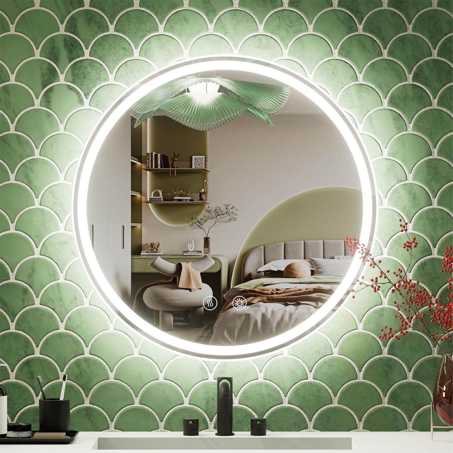 20 Inch Round LED Bathroom Mirror,Front & Backlit Lighted Bathroom Vanity Mirror, 6000K, CRI 90+, Dimmable, Touch, Anti-Fog