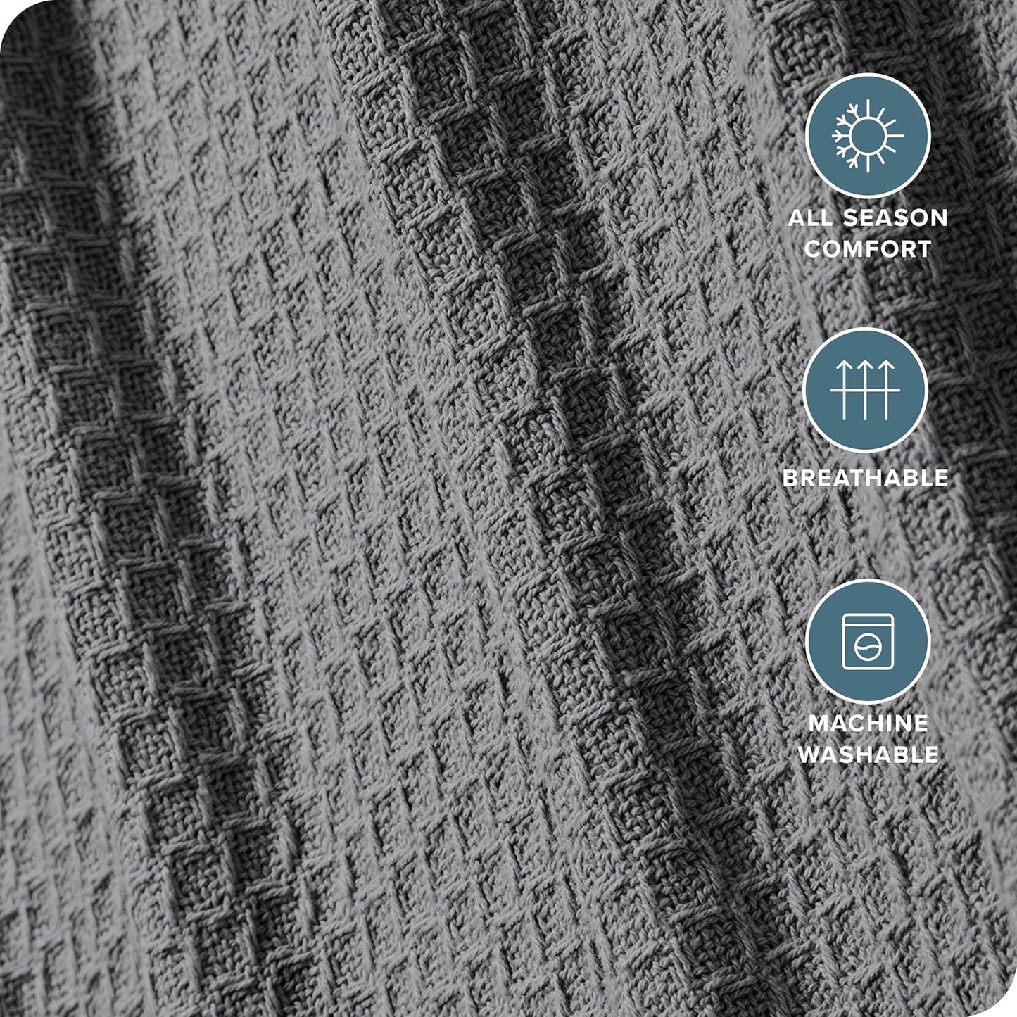 Bare Home Grey Waffle Blanket, Full/Queen 90Wx90L, 100% Cotton, Soft & Breathable Throw for All Seasons, Lightweight Blanket, Perfect for Layering Bed, Sofa & Couch (Full/Queen, Grey)