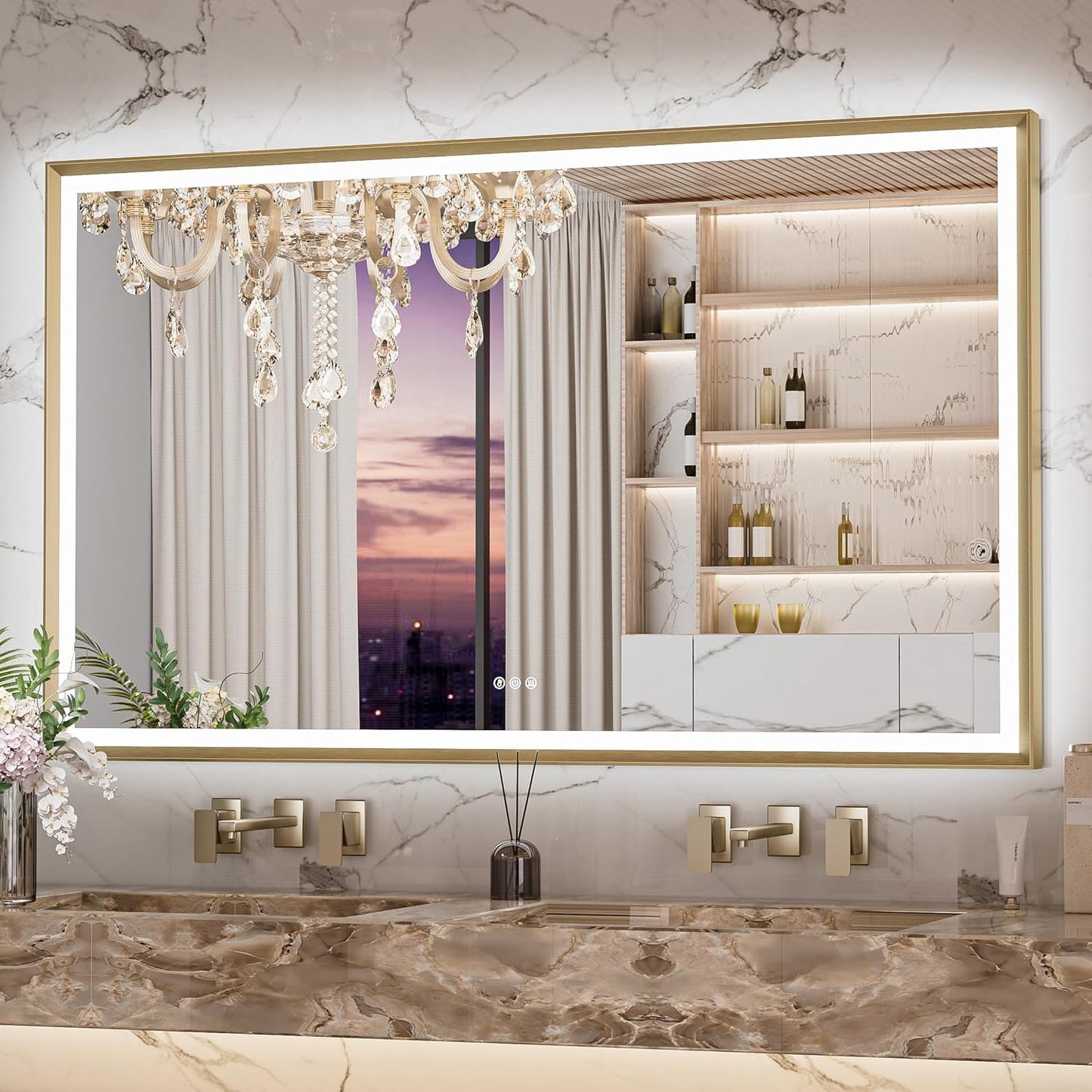 Keonjinn 60" x 36" LED Mirror for Bathroom, Brushed Gold Framed Mirror with Frontlit & Backlit, Large Lighted Mirror with Anti Fog for Wall, Stepless 3 Colors Temperature, UL-Listed LED Driver