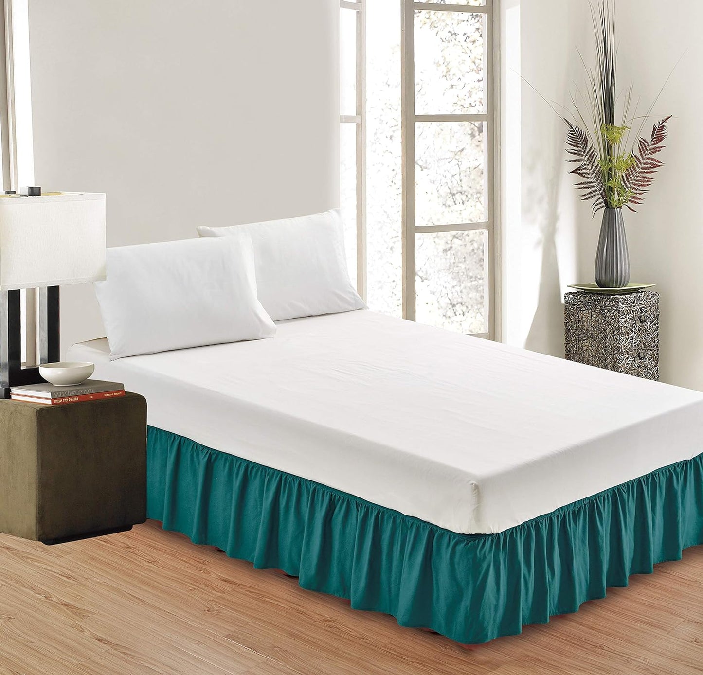 Sheets & Beyond Wrap Around Solid Microfiber Luxury Hotel Quality Fabric Bedroom Gathered Ruffled Bedding Bed Skirt 14 Inch Drop (Twin, Teal)