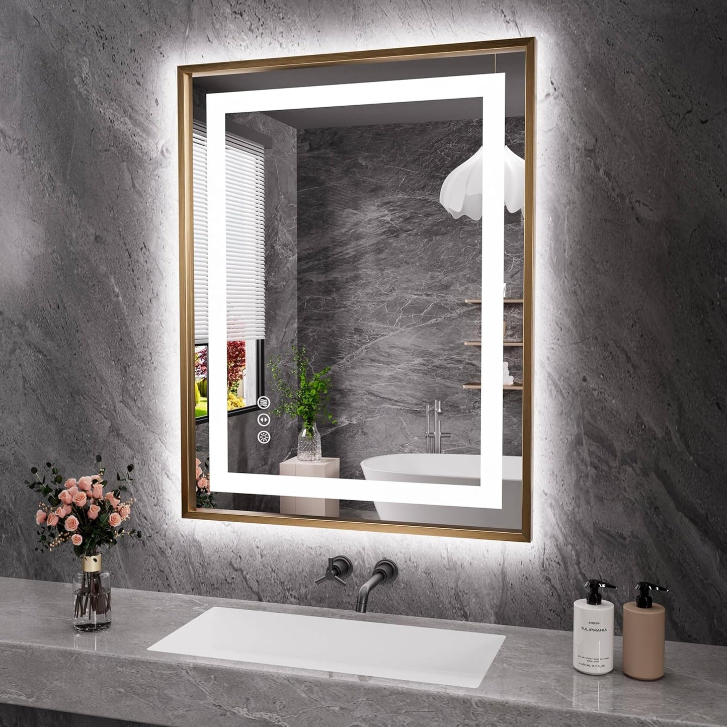 Amorho 28"X36" LED Bathroom Mirror, Golden Metal Framed Mirror with Front Light and Backlit, Stepless Dimmable, Anti-Fog, Shatter-Proof, Memory, 3 Colors