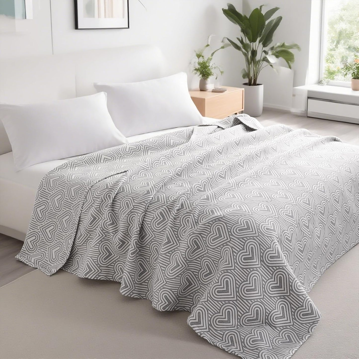 NTBAY 3 Layers Cotton Muslin 106x92 King Bed Blanket, Super Soft Breathable Thermal Yarn Dyed Quilt for Adults, Perfect Lightweight Blanket for Couch Sofa Bed All Seasons, Grey Heart