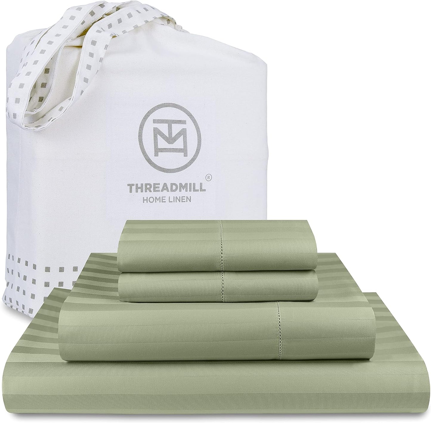 Threadmill 500 Thread Count Queen Size Damask Stripe, 4 Pc Luxury Cotton Bedding Set, Silky Smooth Sage Green Sheets with 16" Elasticized Deep Pocket, 2 Pillowcases & Free Tote Bag