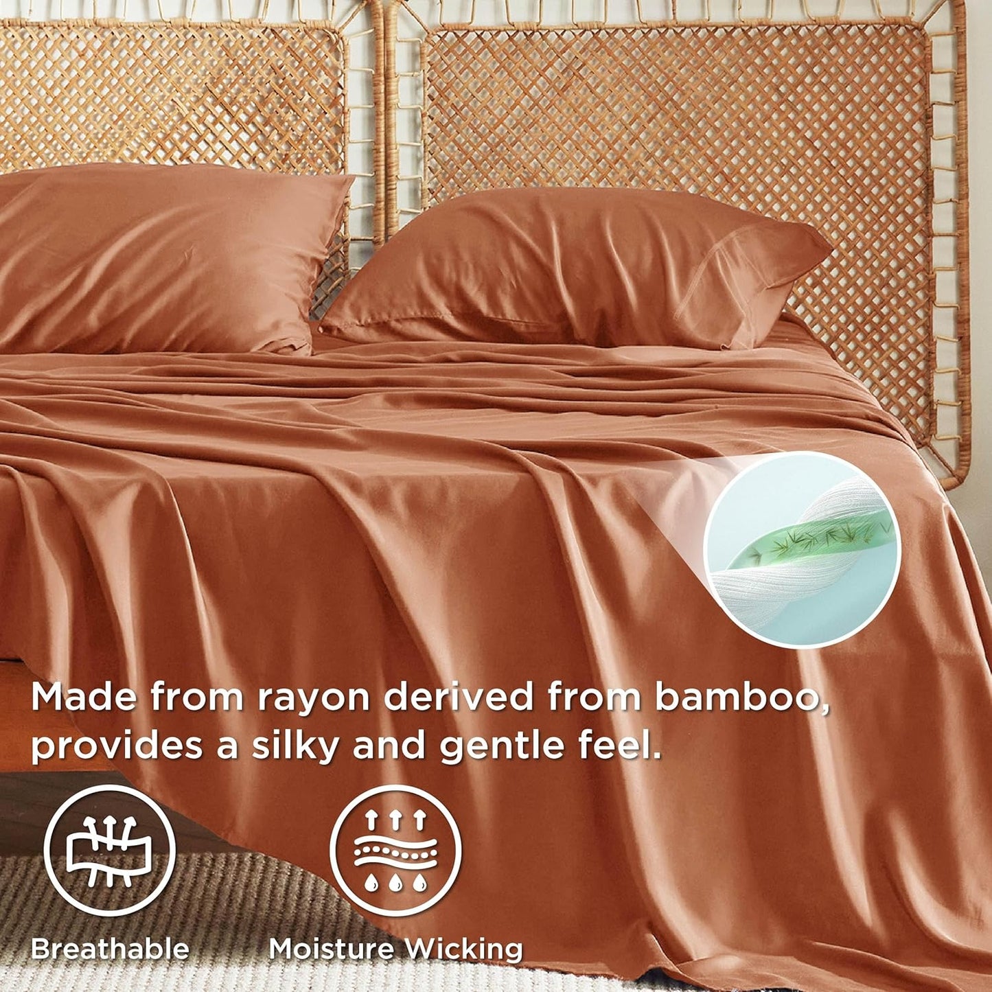 Bedsure California King Sheet Sets, Cooling Sheets, Rayon Derived from Bamboo, Breathable & Soft, Deep Pocket Up to 16 Inches, Hotel Luxury Silky Bedding for Hot Sleepers, Burnt Orange