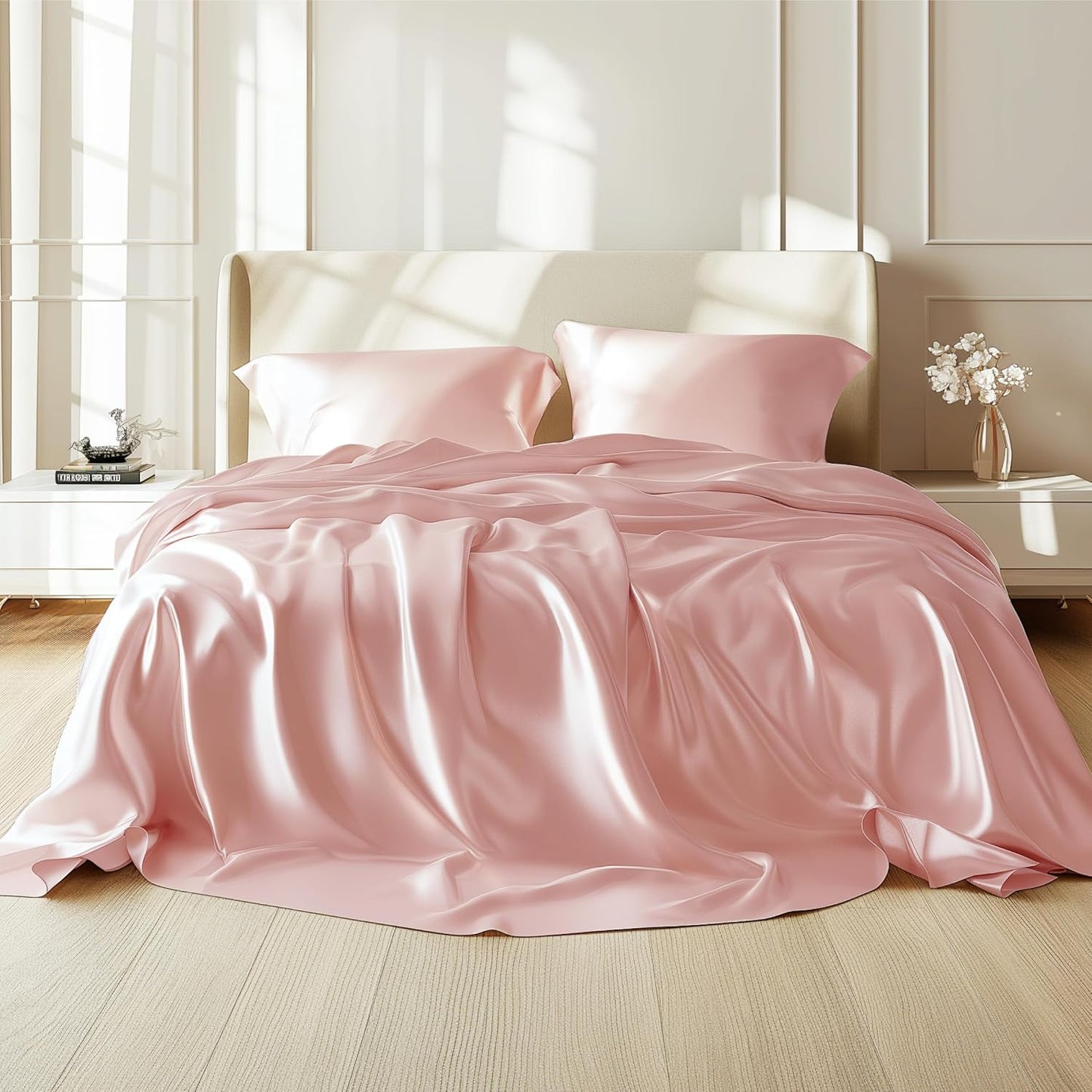 Bedsure Pink Satin Sheets Queen Size - 4 Piece Silky Bedsheets with 15 Inches Deep Pocket Fitted Bedsheet,1 Flat Sheet, 2 Satin Pillowcases, Good for Hair & Skin (Queen, Pink)