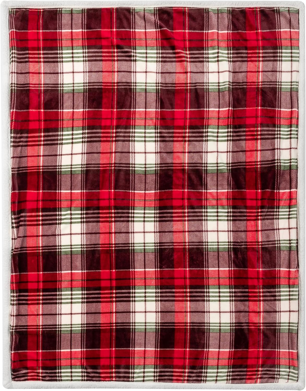 PAVILIA Christmas Plaid Blanket | Sherpa Fleece Flannel Throw Blanket | Christmas Plaid Warm Plush Microfiber Blanket for Couch Sofa | 50x60 Inches