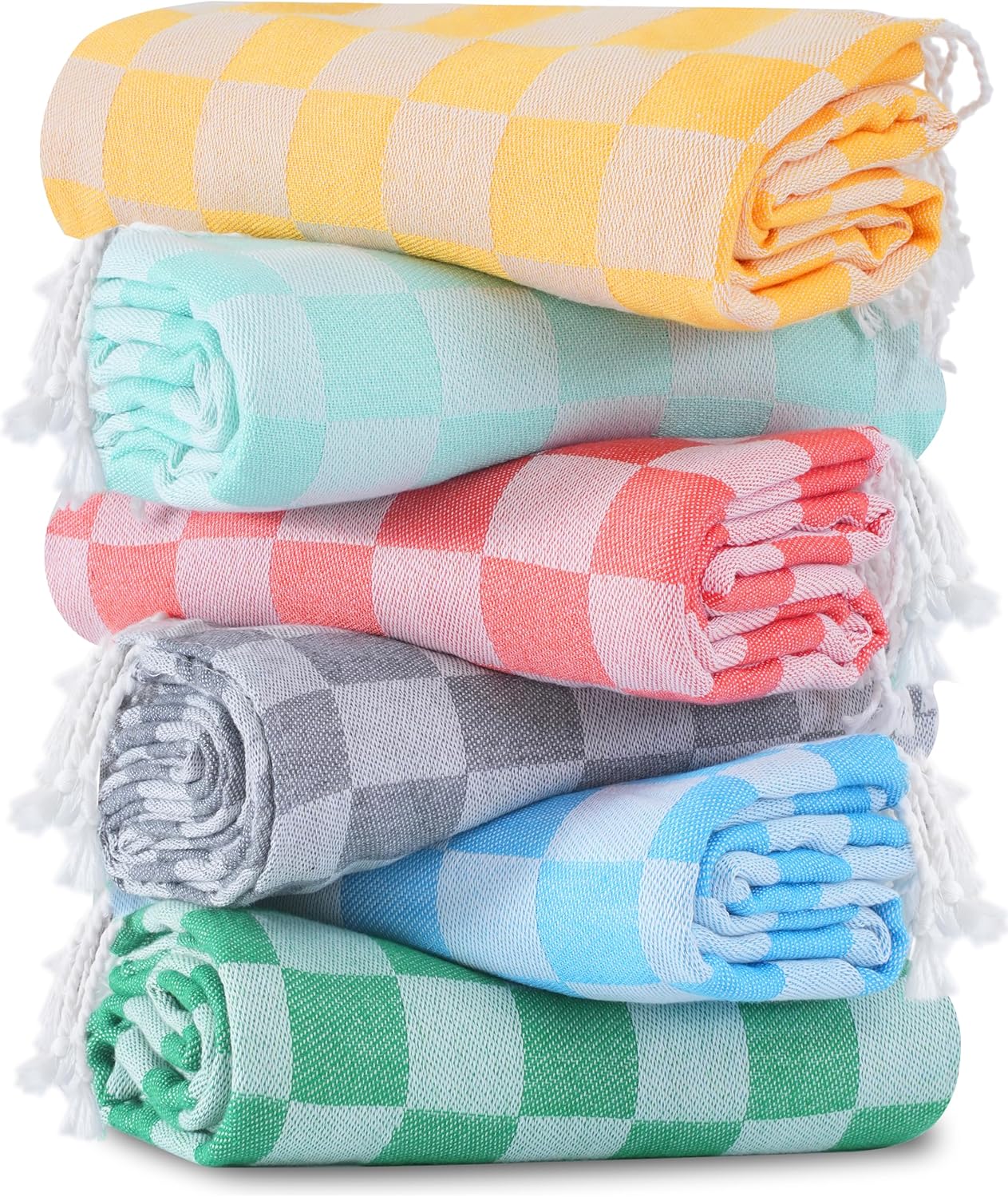 6 Packs Turkish Beach Towel Blanket Set Pool Bath Towels Bulk Multipack Travel Sand Free Quick Dry Extra Large Oversized Cute Big Cotton Soft Lightweight Compact Checkered Proof Cloud Men Women Adult