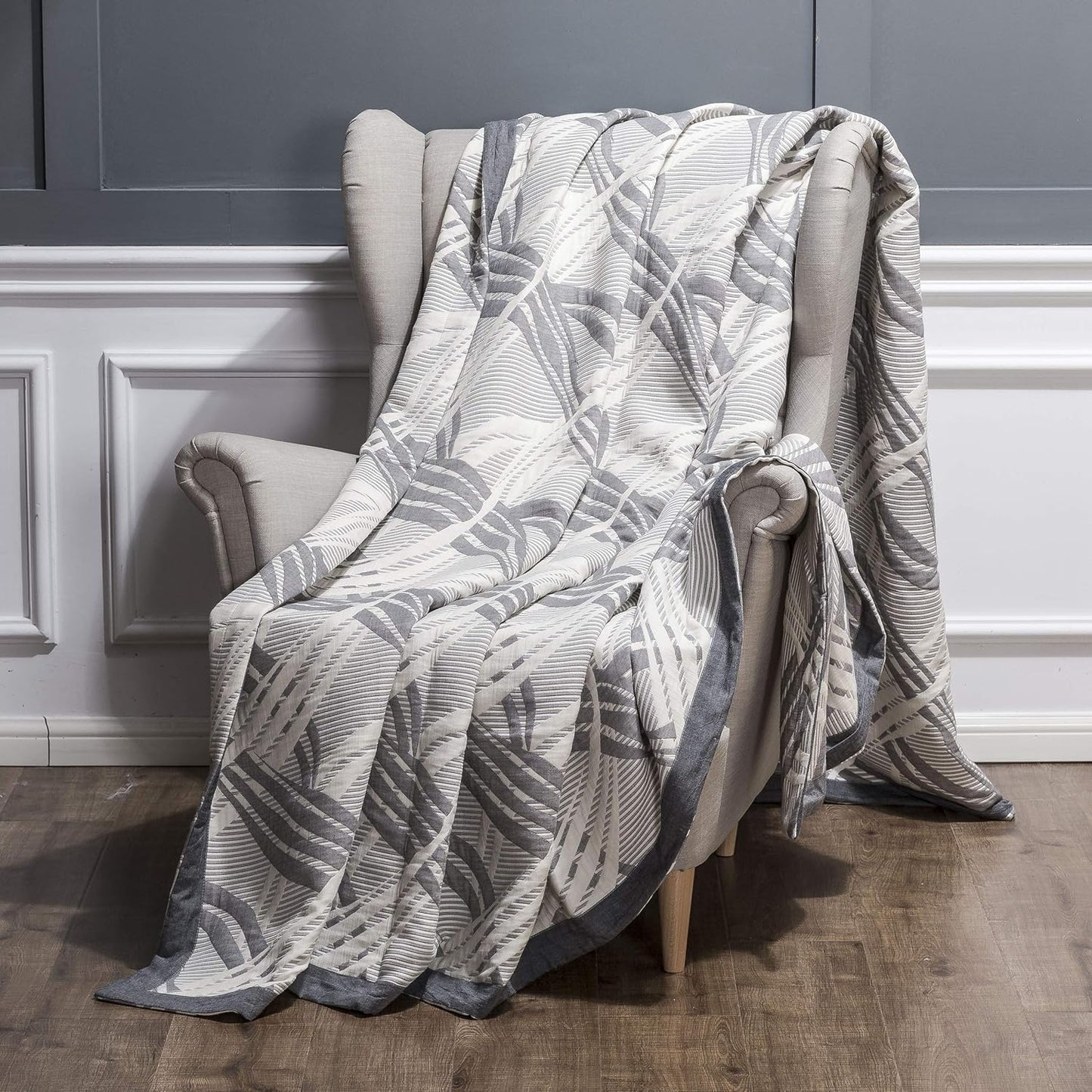 NTBAY 3 Layers Cotton Muslin 106x92 King Bed Blanket, Super Soft Breathable Thermal Yarn Dyed Quilt for Adults, Perfect Lightweight Blanket for Couch Sofa Bed All Seasons, Grey Wave