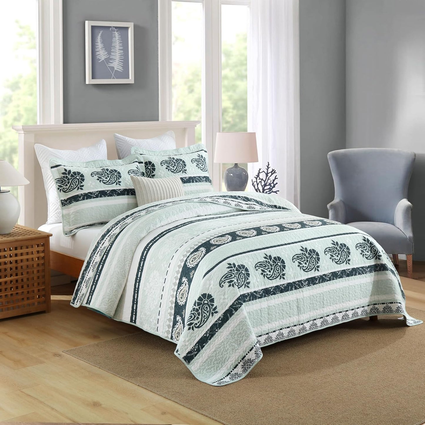 Green Quilt King Size, Cotton King Size Comforter Set, Striped Pattern Bedding, Green King Bedspread, Lightweight Reversible Coverlet All Season