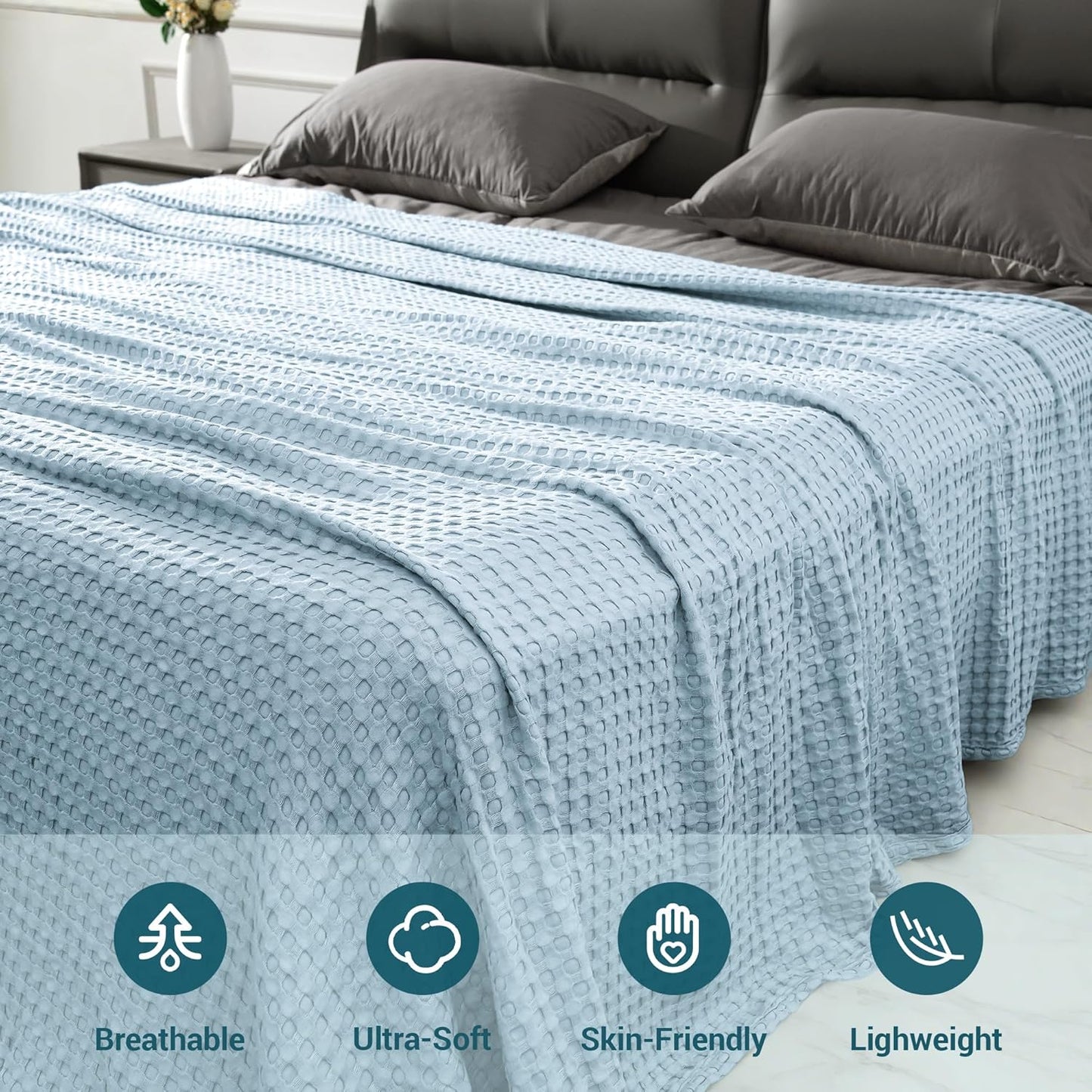 Aganear Waffle Blanket - Lightweight Breathable Summer Blanket of 50% Cotton and 50% Rayon Derived from Bamboo for Hot Sleepers Luxury Throws for Bed, Couch and Sofa,Blue,104x90 Inches