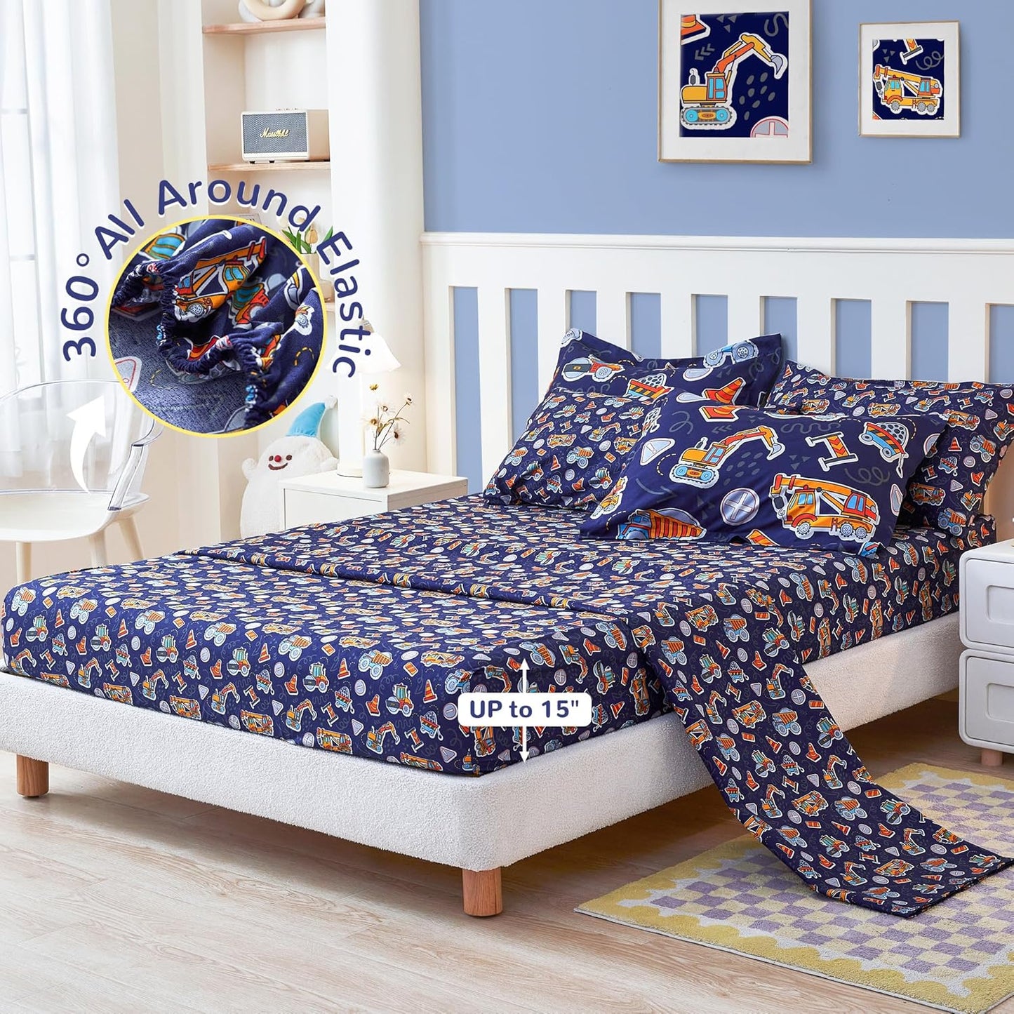 Viviland Kids Twin Bedding Sets for Boys, Soft Twin Comforter Set with Sheets, 5 Pieces Microfiber Bed in a Bag, Navy Blue Tractor