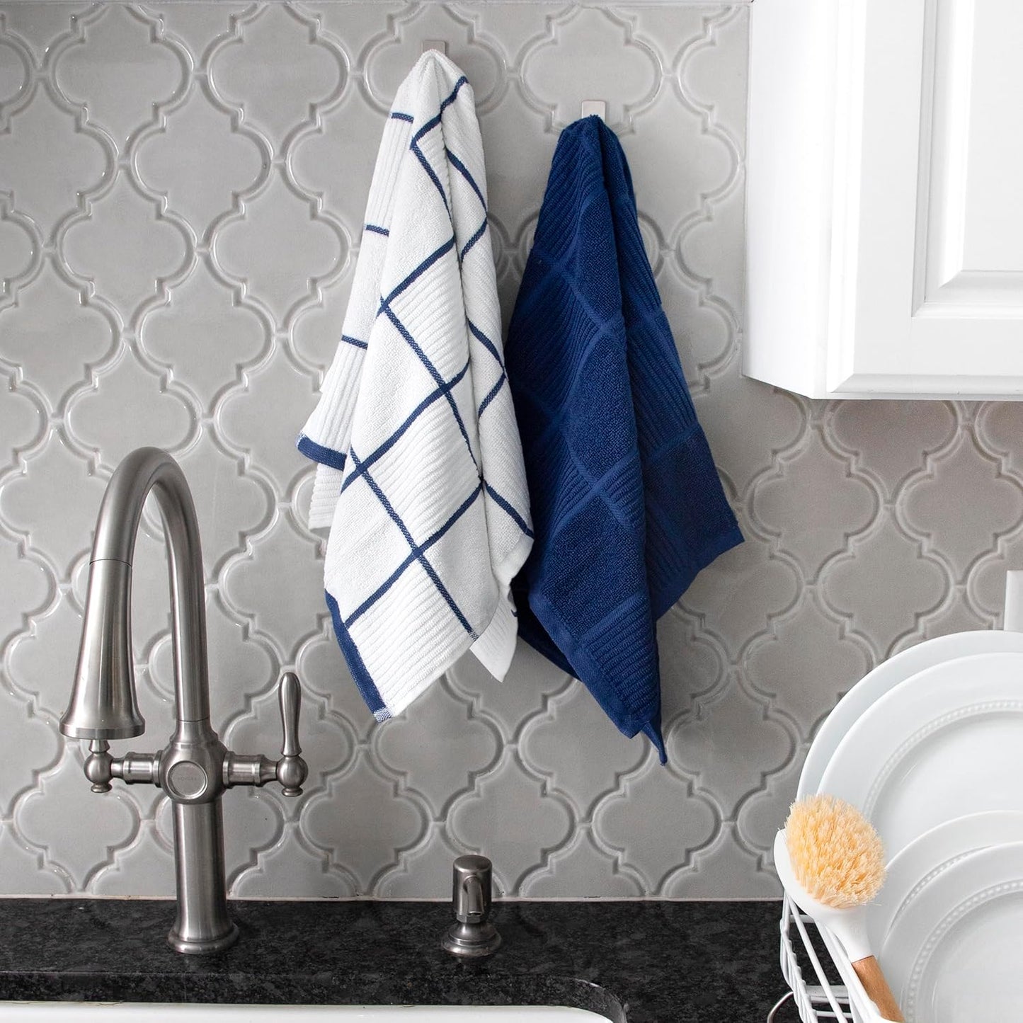 T-fal Solid & Checked Parquet Kitchen Towels: Highly Absorbent, Super Soft Long Lasting - 100% Cotton, 16"x26" Dish Towels for Cleaning & Drying Dishes, Pans, Glassware, or Countertops, (2-Pack), Blue