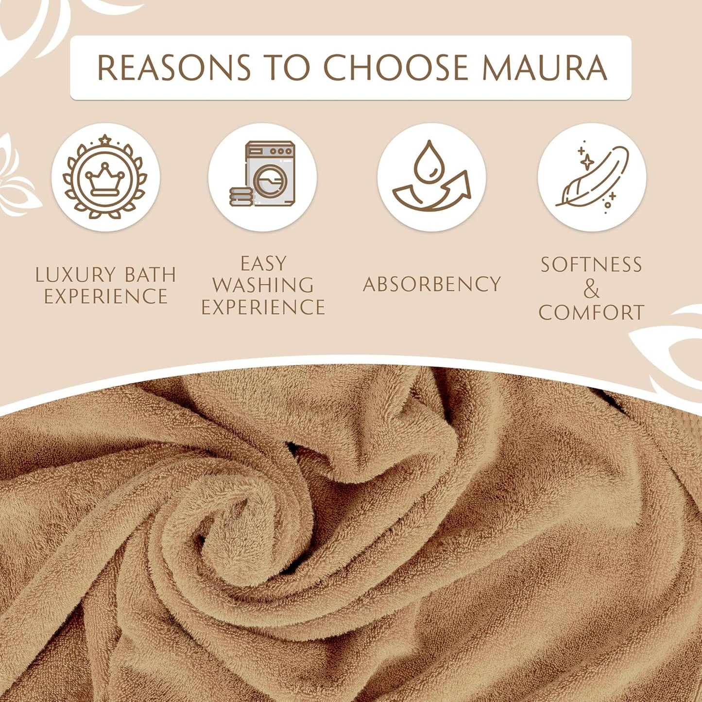MAURA Biege Hand Towels for Bathroom. Luxury Turkish Cotton Bath Hand Towels Set of 6. Ultra-Soft, Thick & Plush - Brown