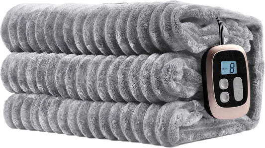 Electric Heated Blanket Full-Size 72x84 Inch - Ultra Soft Silky Flannel with Ribbed Texture, 10 Heating Levels and 12 Hours Auto-Off Feature - Grey