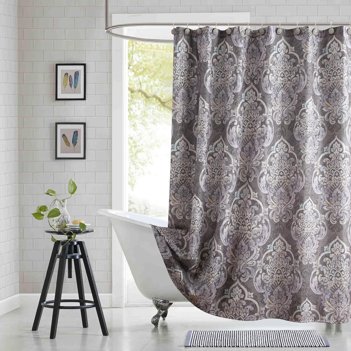 90 Inch Extra Long Shower Curtain, Gray Bath Curtain with Purple Baroque Medallions, Waterproof Hotel Quality Fabric, 72" W x 90" H