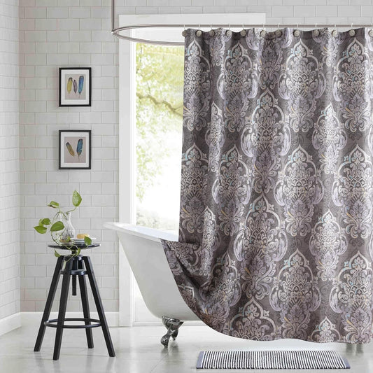 Extra Long Shower Curtain 84 Inch, Gray Bath Curtain with Purple Baroque Medallions, Waterproof Hotel Quality Fabric, 72" W x 84" H