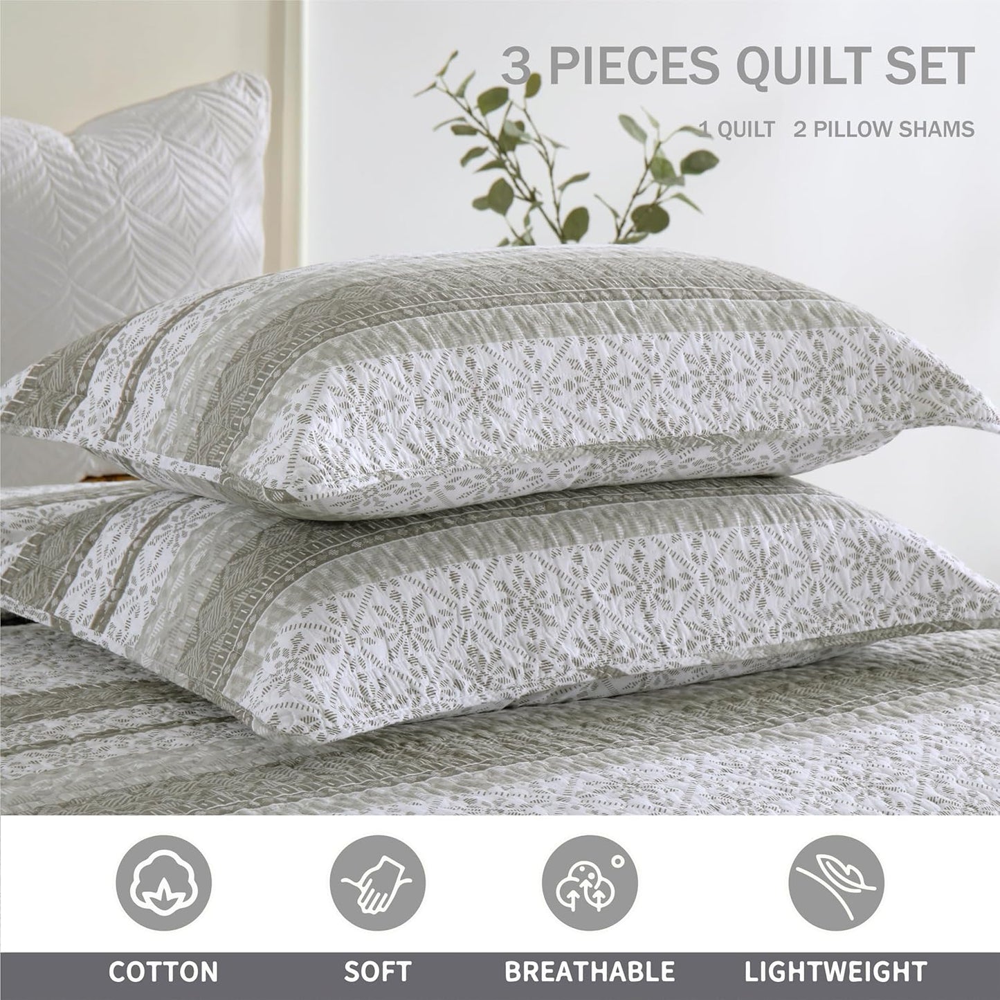 Homzard King Size Quilt Set, Grey White Snowflake Striped Comforter Set,Cotton Gray Bedspread King Size, Lightweight Comforter Fall Bedding 3 Piece All Season