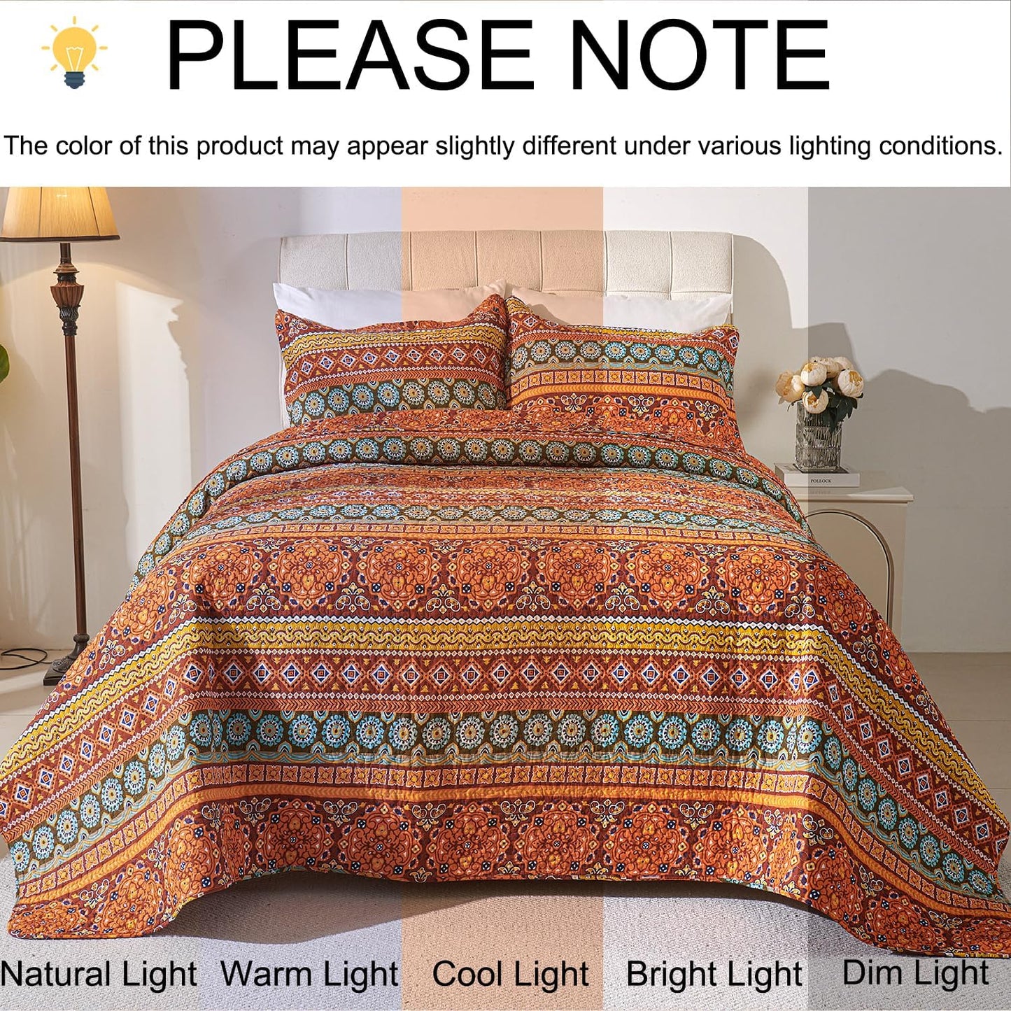 Cmfshape Orange Quilt Sets Bedspread Set 100% Cotton Boho Bedding Set, All Season Use Lightweight Reversible Coverlet Quilts with 2 Pillow Shams(King 106"x96")