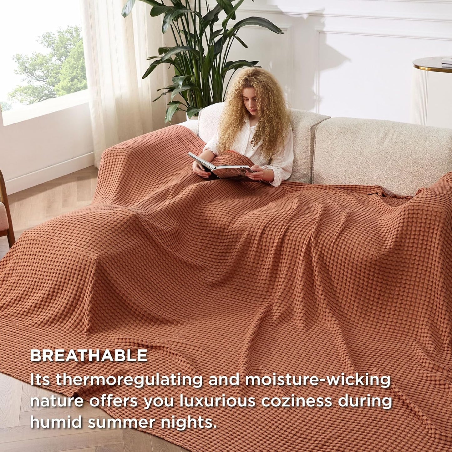 Bedsure Cooling Cotton Waffle Oversized King Blanket - Lightweight Breathable Rayon Derived from Bamboo for Hot Sleepers, Luxury Throws for Bed and Sofa, 120x96 Inches