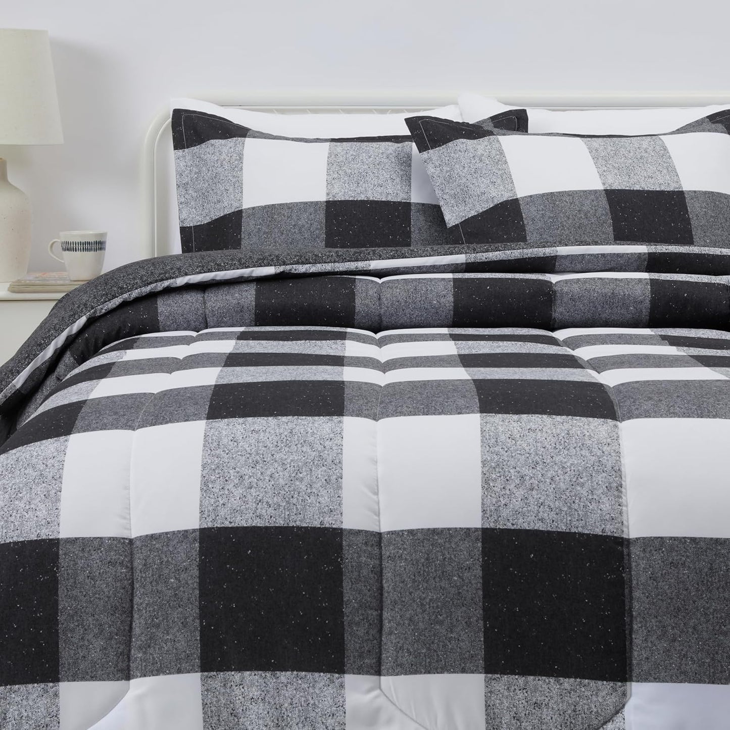 Amazon Basics Lightweight Microfiber Comforter Sets, 3-Pieces, Black/White,Checkerboard, Full/Queen