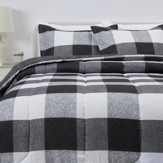 Amazon Basics Lightweight Microfiber Comforter Sets, 3-Pieces, Black/White,Checkerboard, Full/Queen