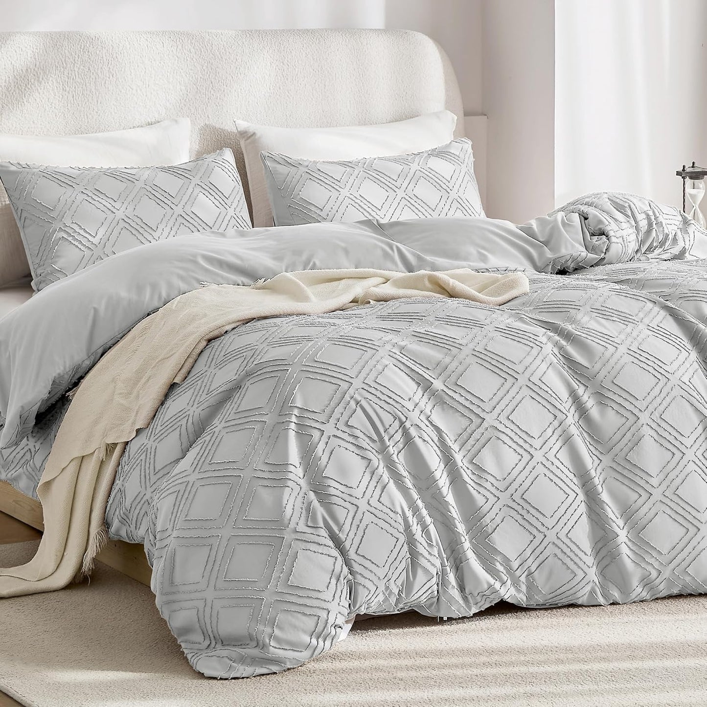 JELLYMONI Duvet Cover Twin Size Light Grey - 3PCS Boho Duvet Cover Set Plaid Polyester Tufted Bohemian Jacquard Knit Textured Comforter Cover 68×90in Rhombic Geometric Pattern Corner Ties & Zipper