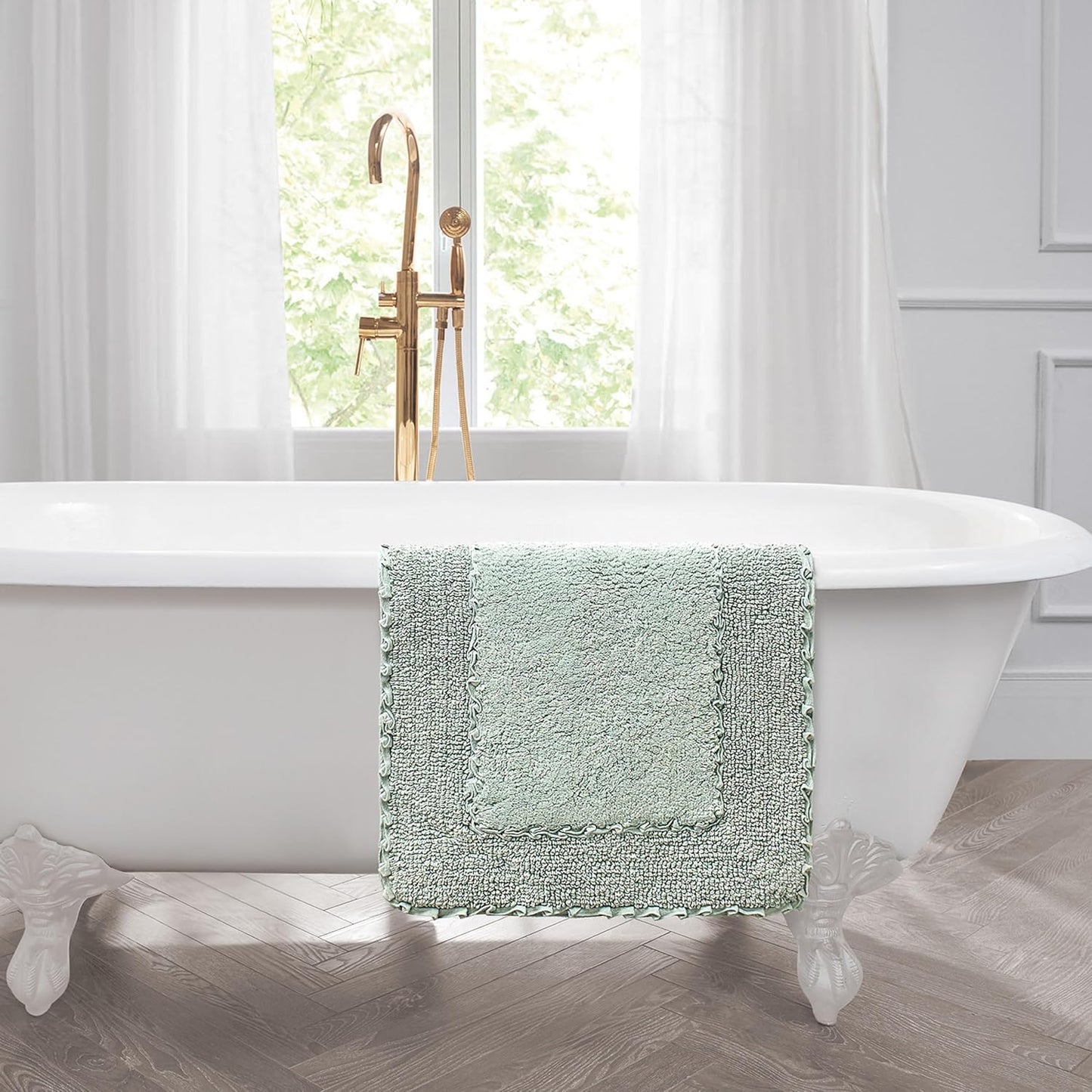 Laura Ashley Ruffle Border 100% Cotton Bath Rug Set, Sage Green, 17" x 24"/ 20" x 32"
