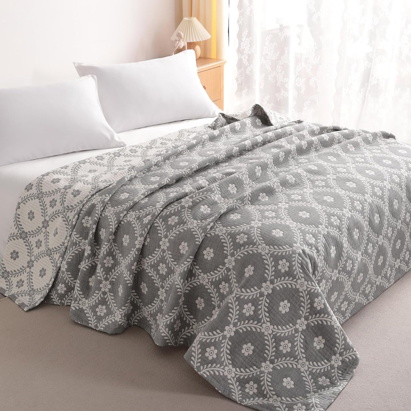NTBAY 3 Layers Cotton Muslin 88x92 Queen Bed Blanket, Super Soft Breathable Thermal Yarn Dyed Quilt for Adults, Perfect Lightweight Blanket for Couch Sofa Bed All Seasons, Grey Garlands