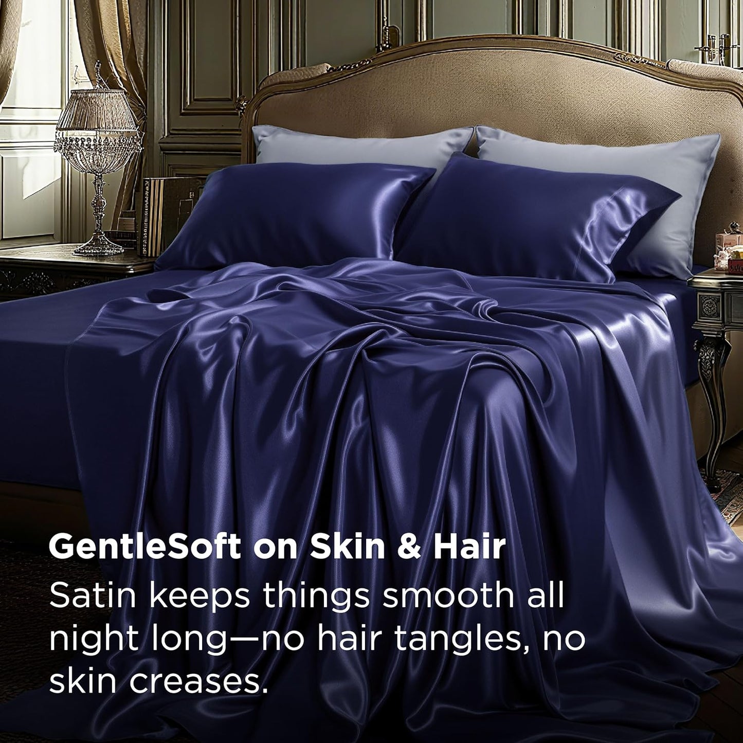 Bedsure Satin Sheets Queen Size - 4 Piece Silky Bedsheets with 15 Inches Deep Pocket Fitted Bedsheet,1 Flat Sheet, 2 Satin Pillowcases, Good for Hair & Skin (Queen, Navy)
