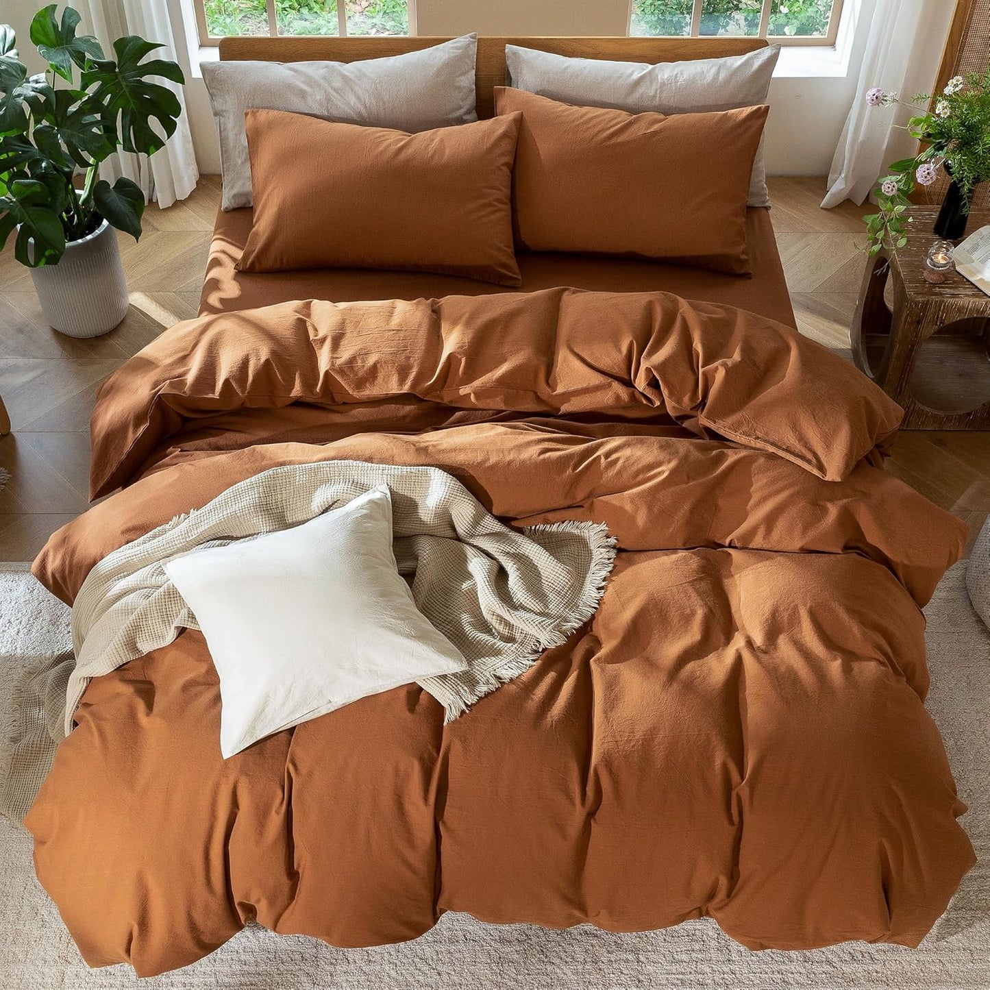 MooMee Bedding Duvet Cover Set 100% Washed Cotton Linen Like Textured Breathable Durable Soft Comfy (Solid Dark Orange, Super King 108"x98")