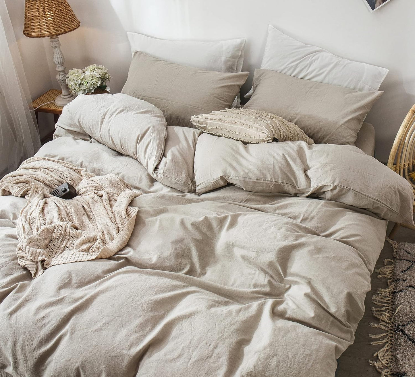 MooMee Bedding Duvet Cover Set 100% Washed Cotton Linen Like Textured Breathable Durable Soft Comfy (Heathered Tannish Linen Grey, Twin 68"x90")